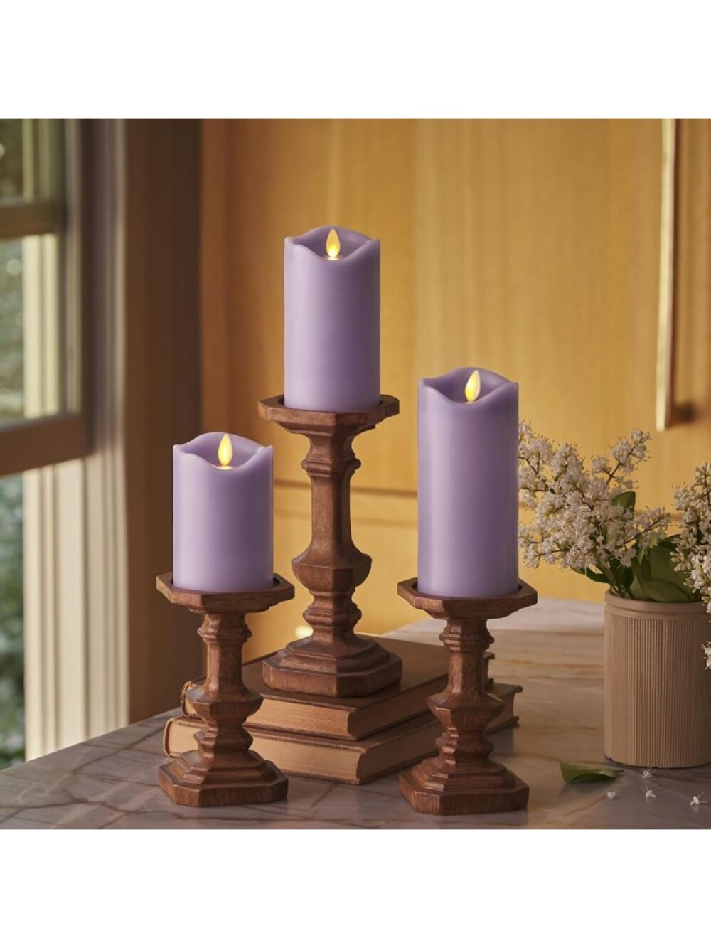 Set of 3 Flameless LED Flickering Pillar Candles - Pastel Purple - Safe
